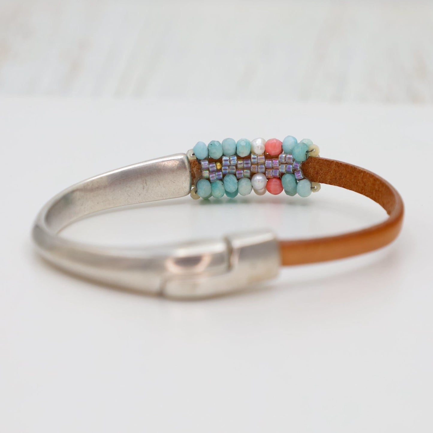 BRC-JM Hand Stitched Amazonite, Pearl & Coral Half Cuff Bracelet