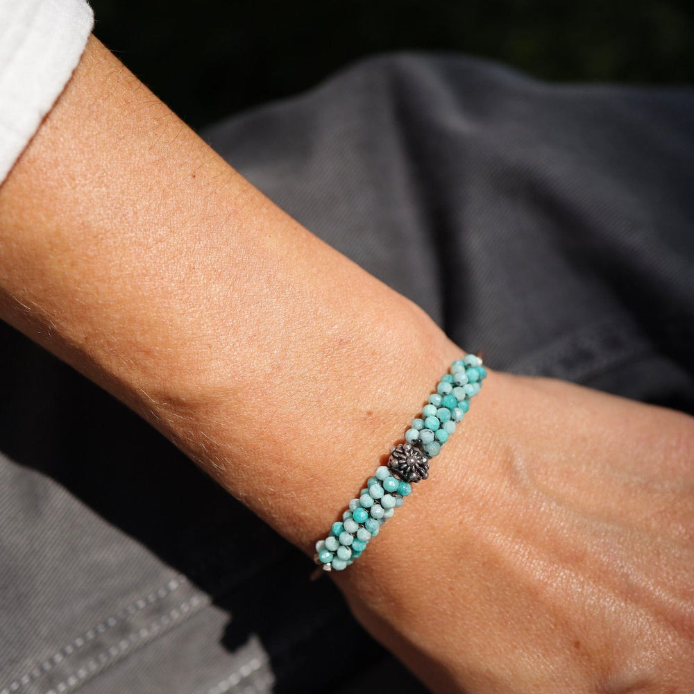 BRC-JM Hand Stitched Amazonite & Silver Floral Focal Bead Bracelet