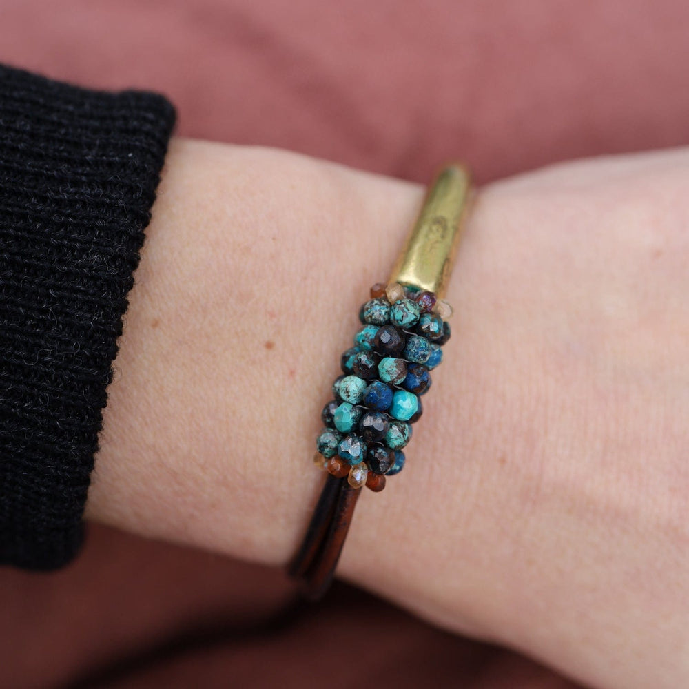 BRC-JM Hand Stitched Apatite on Multi Dark Brown Leather & Brass 1/2 Cuff