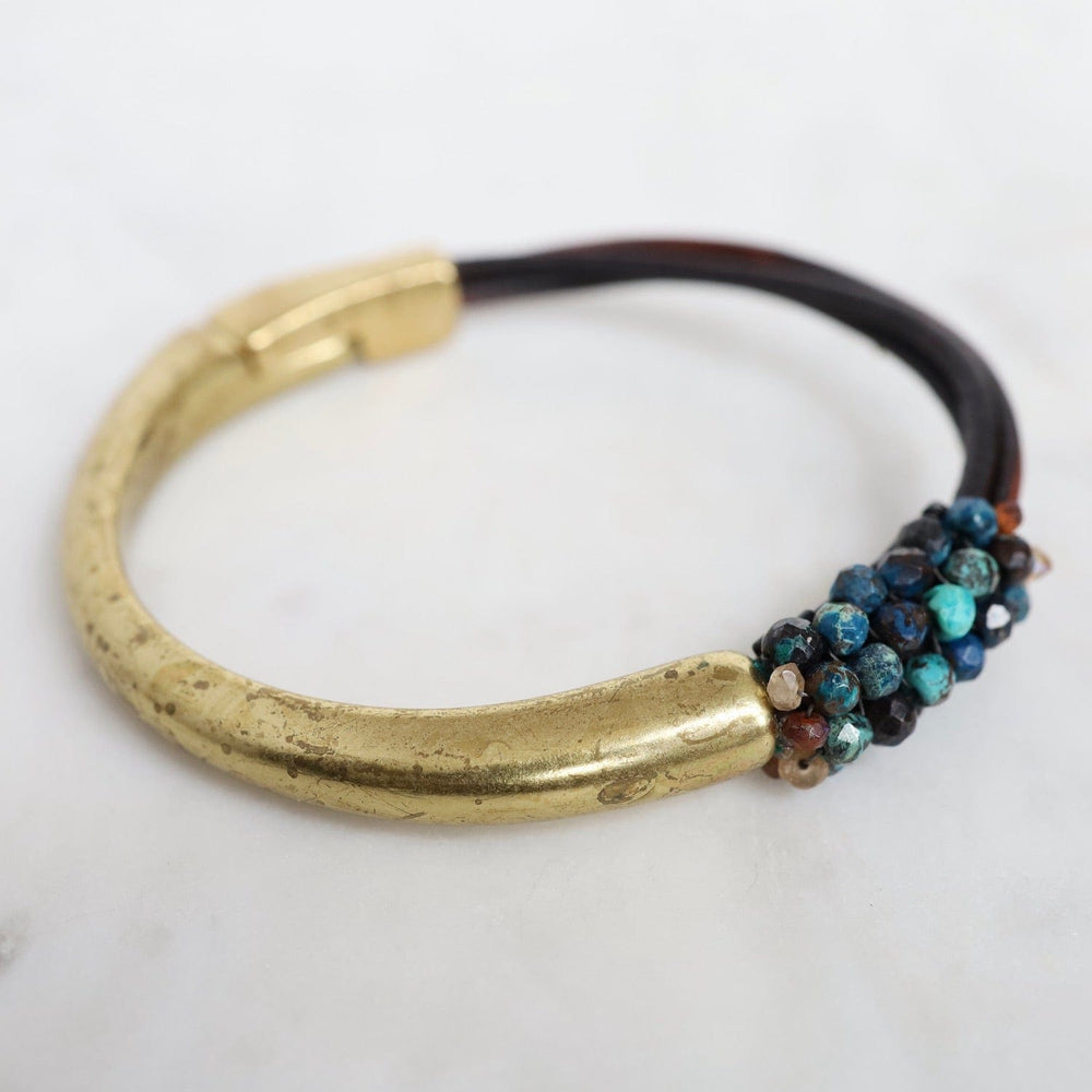 
                  
                    BRC-JM Hand Stitched Apatite on Multi Dark Brown Leather & Brass 1/2 Cuff
                  
                