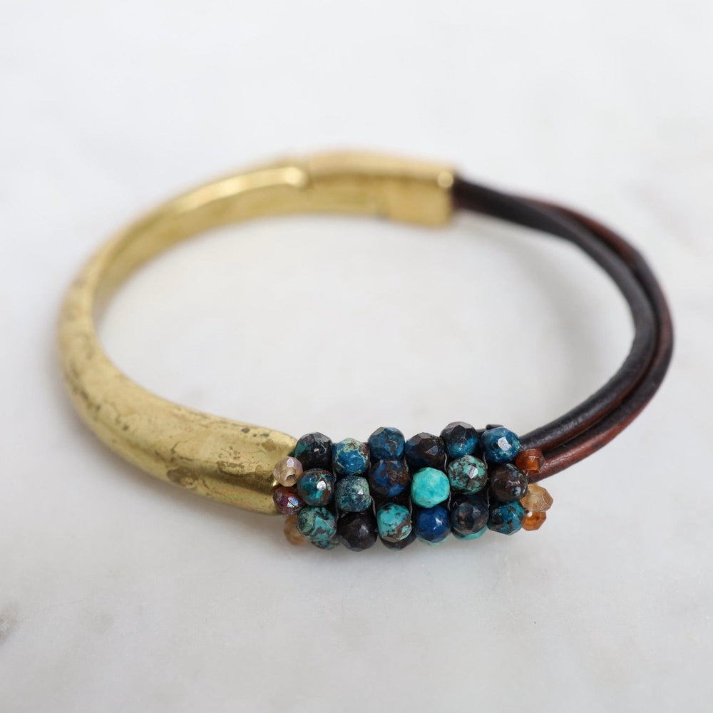 BRC-JM Hand Stitched Apatite on Multi Dark Brown Leather & Brass 1/2 Cuff