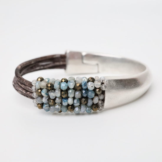 BRC-JM Hand Stitched Aqua Moonstone & Pyrite Half Cuff Bracelet
