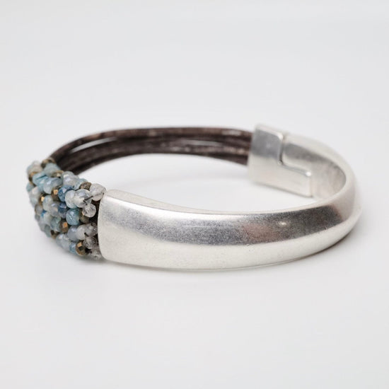 BRC-JM Hand Stitched Aqua Moonstone & Pyrite Half Cuff Bracelet