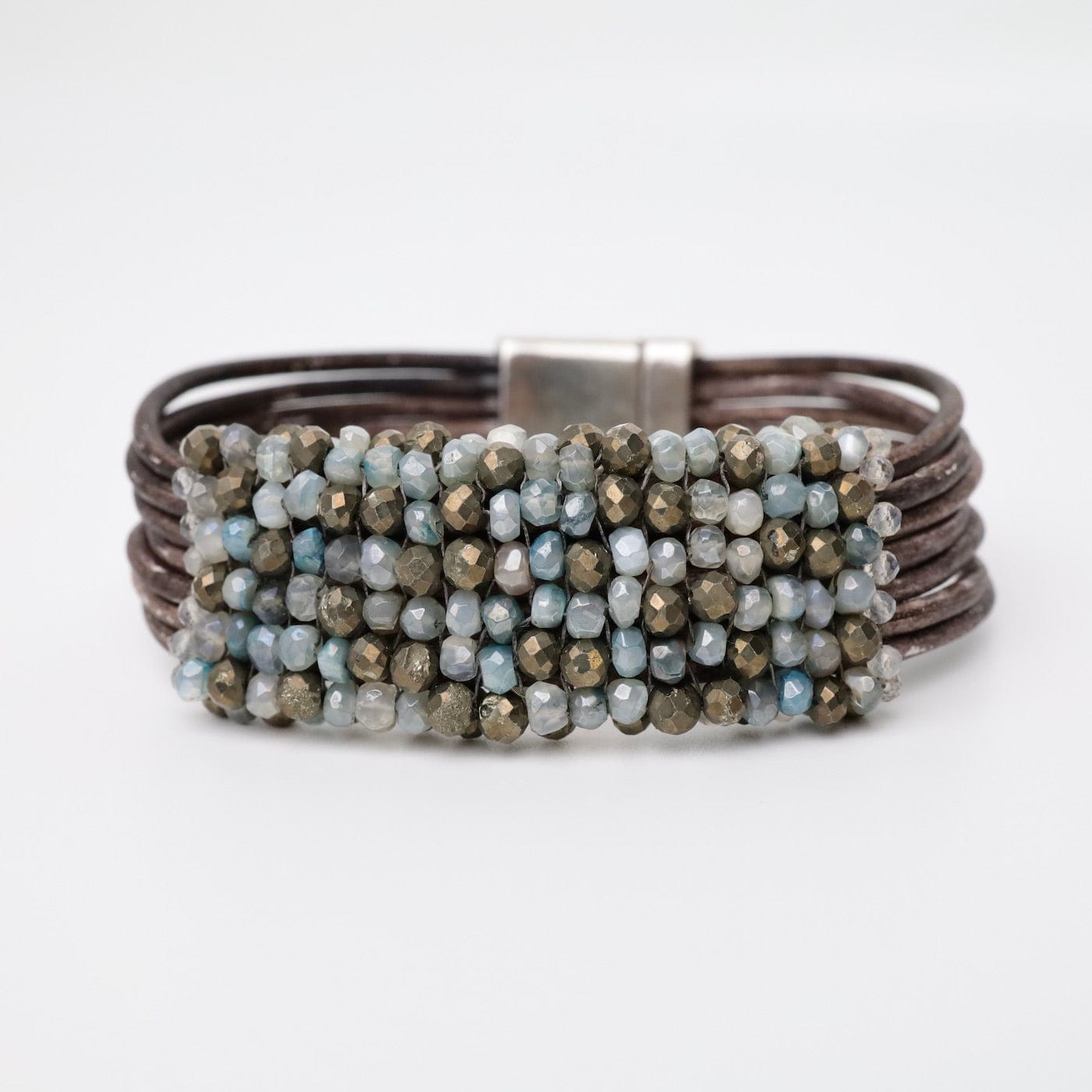 BRC-JM Hand Stitched Aqua Moonstone & Pyrite Leather Bracelet