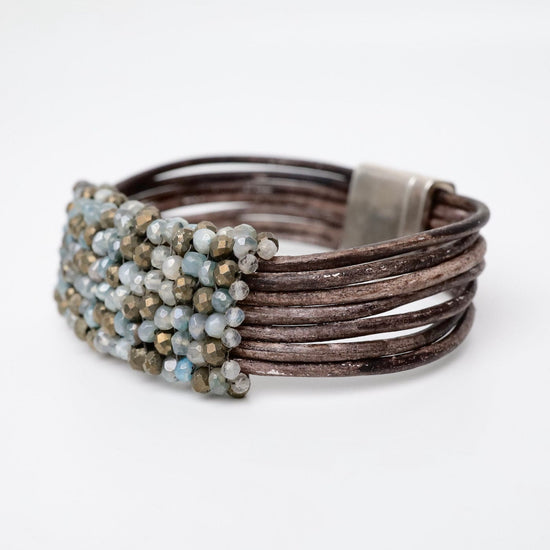 BRC-JM Hand Stitched Aqua Moonstone & Pyrite Leather Bracelet