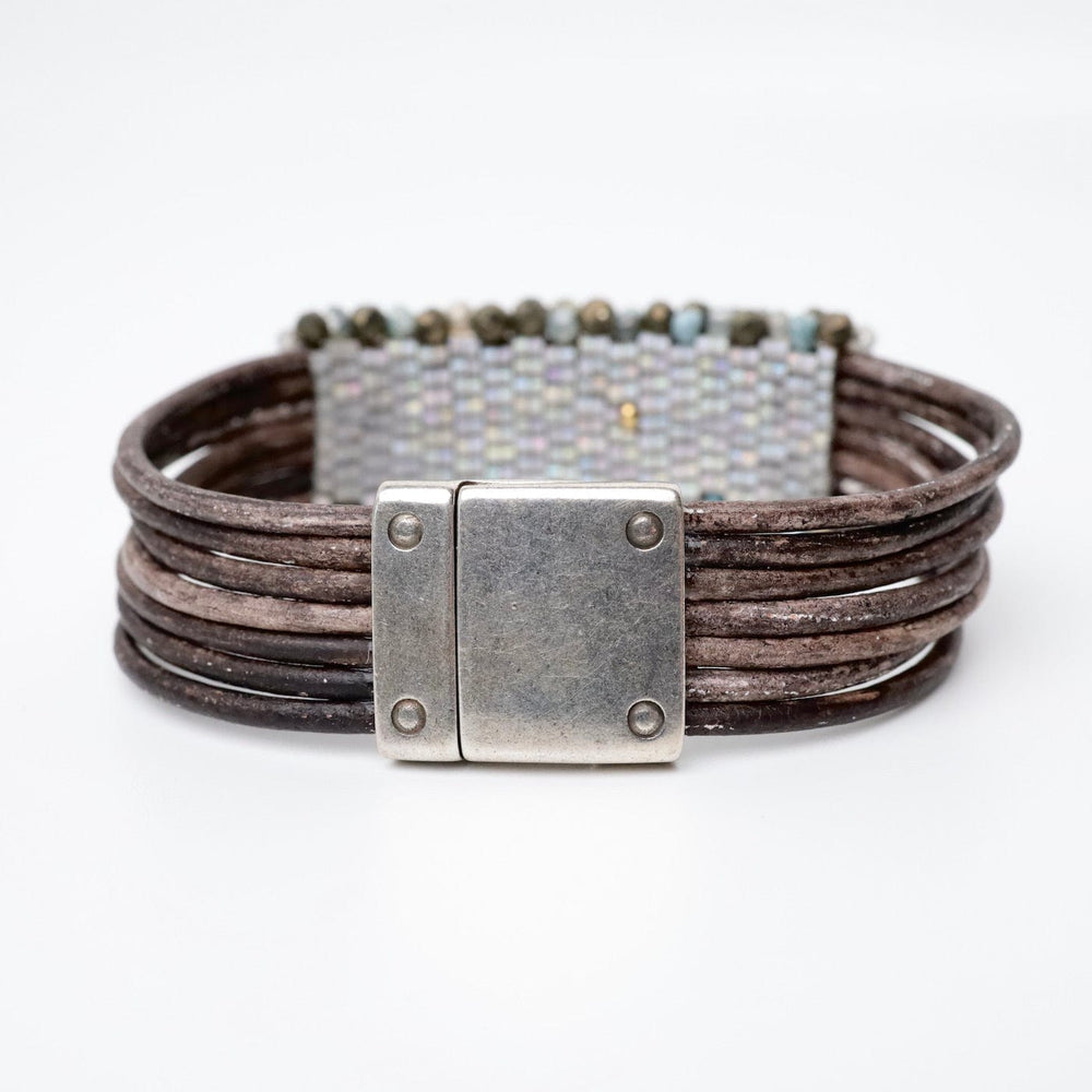 
                  
                    BRC-JM Hand Stitched Aqua Moonstone & Pyrite Leather Bracelet
                  
                