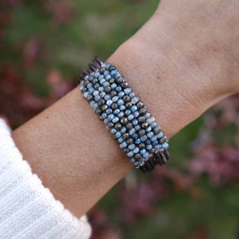 BRC-JM Hand Stitched Aqua Moonstone & Pyrite Leather Bracelet