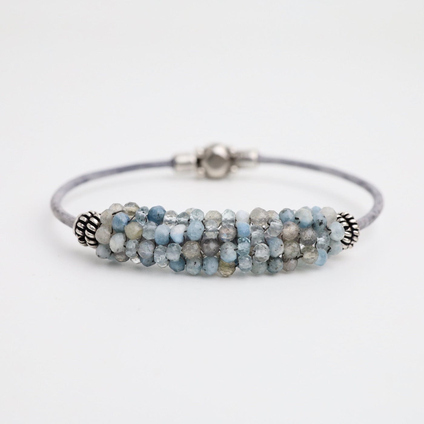 BRC-JM Hand Stitched Aquamarine, Blue Labradorite & Larimar Leather Bracelet