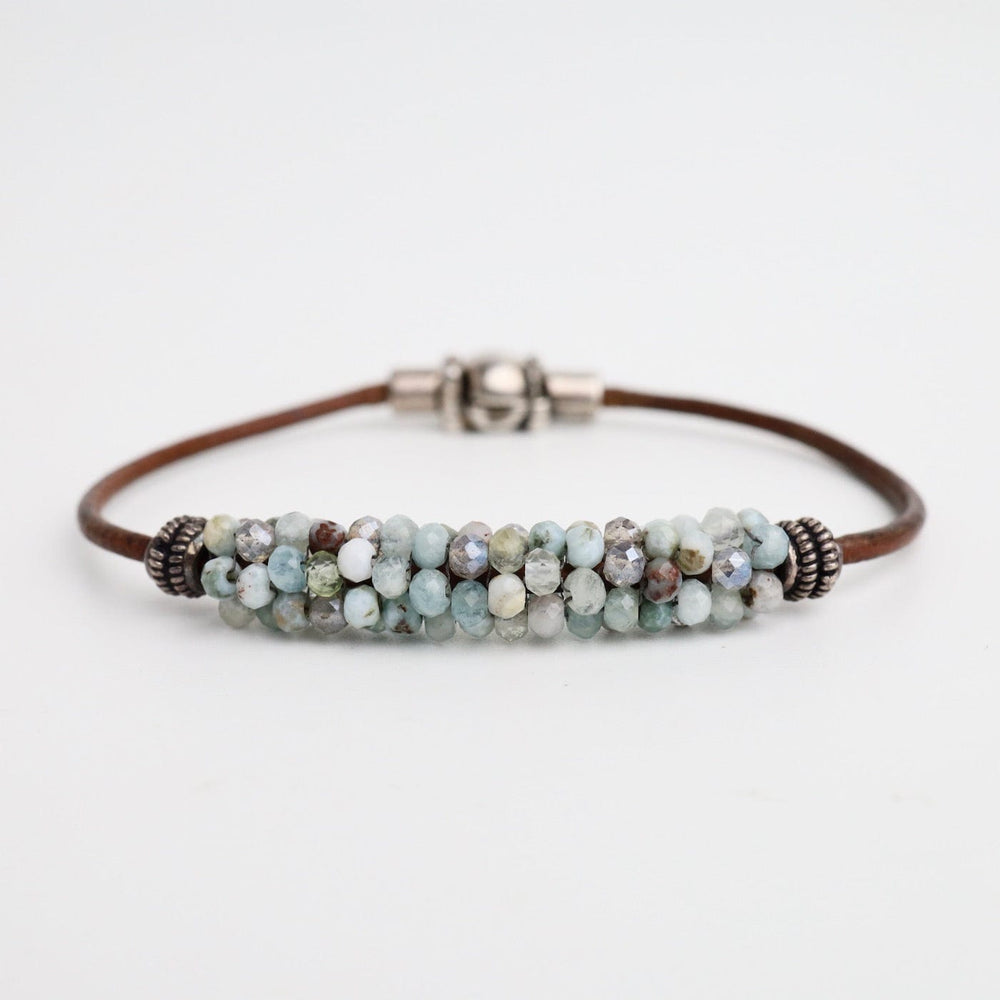 BRC-JM Hand Stitched Aquamarine, Blue Labradorite & Larimar on Leather Bracelet