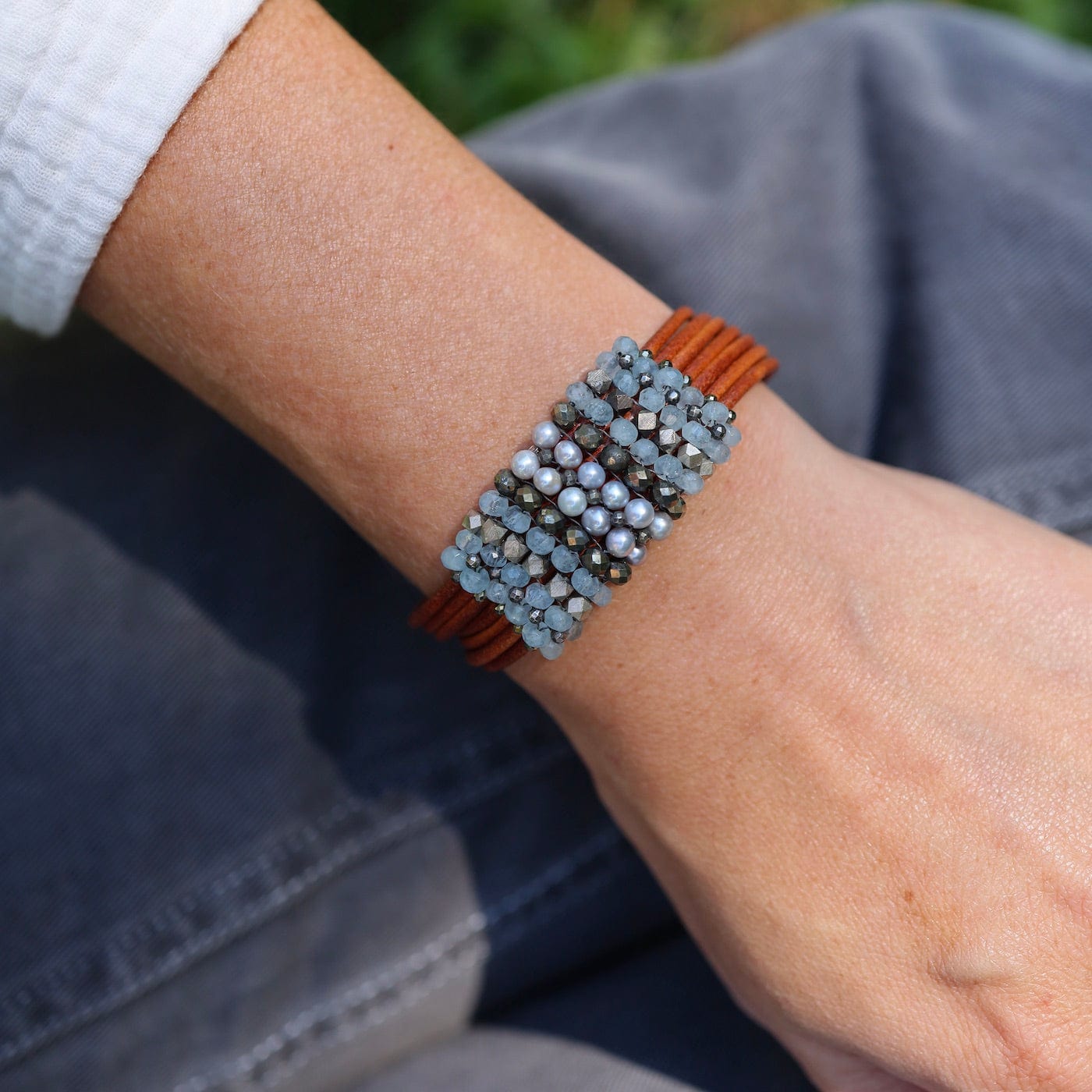 BRC-JM Hand Stitched Aquamarine, Grey Pearls, Pyrite, & Silver on Natural Leather Bracelet