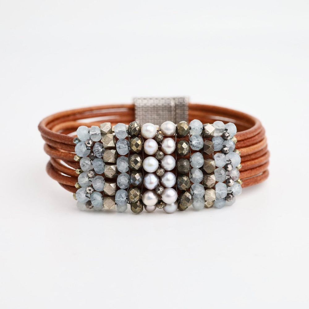 BRC-JM Hand Stitched Aquamarine, Grey Pearls, Pyrite, & Silver on Natural Leather Bracelet