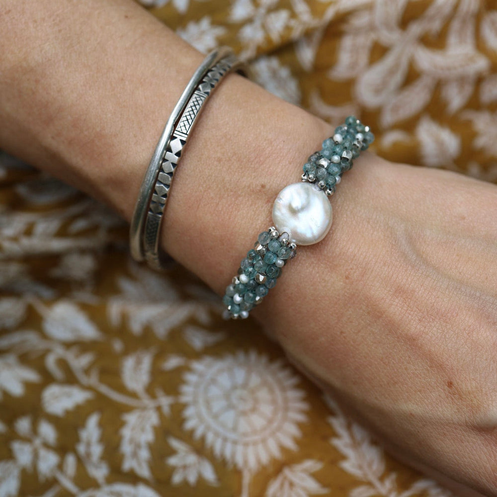 
                  
                    BRC-JM Hand Stitched Aquamarine, Sterling Silver & Pearl Leather Bracelet
                  
                