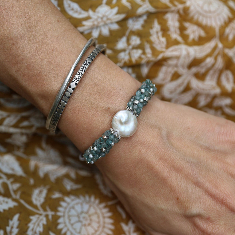 BRC-JM Hand Stitched Aquamarine, Sterling Silver & Pearl Leather Bracelet