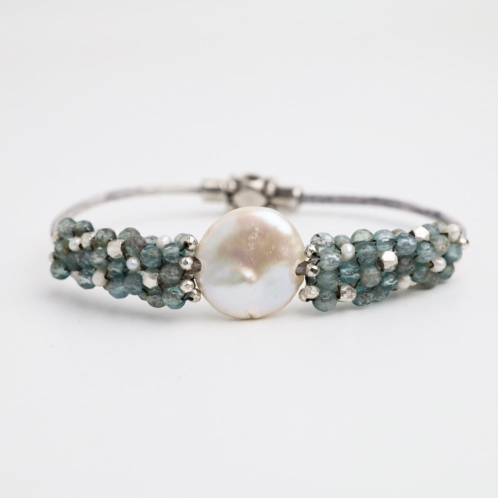 BRC-JM Hand Stitched Aquamarine, Sterling Silver & Pearl Leather Bracelet