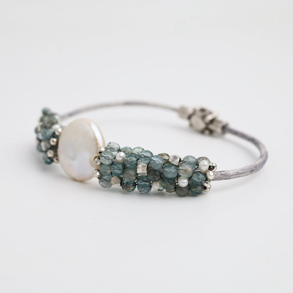 
                  
                    BRC-JM Hand Stitched Aquamarine, Sterling Silver & Pearl Leather Bracelet
                  
                