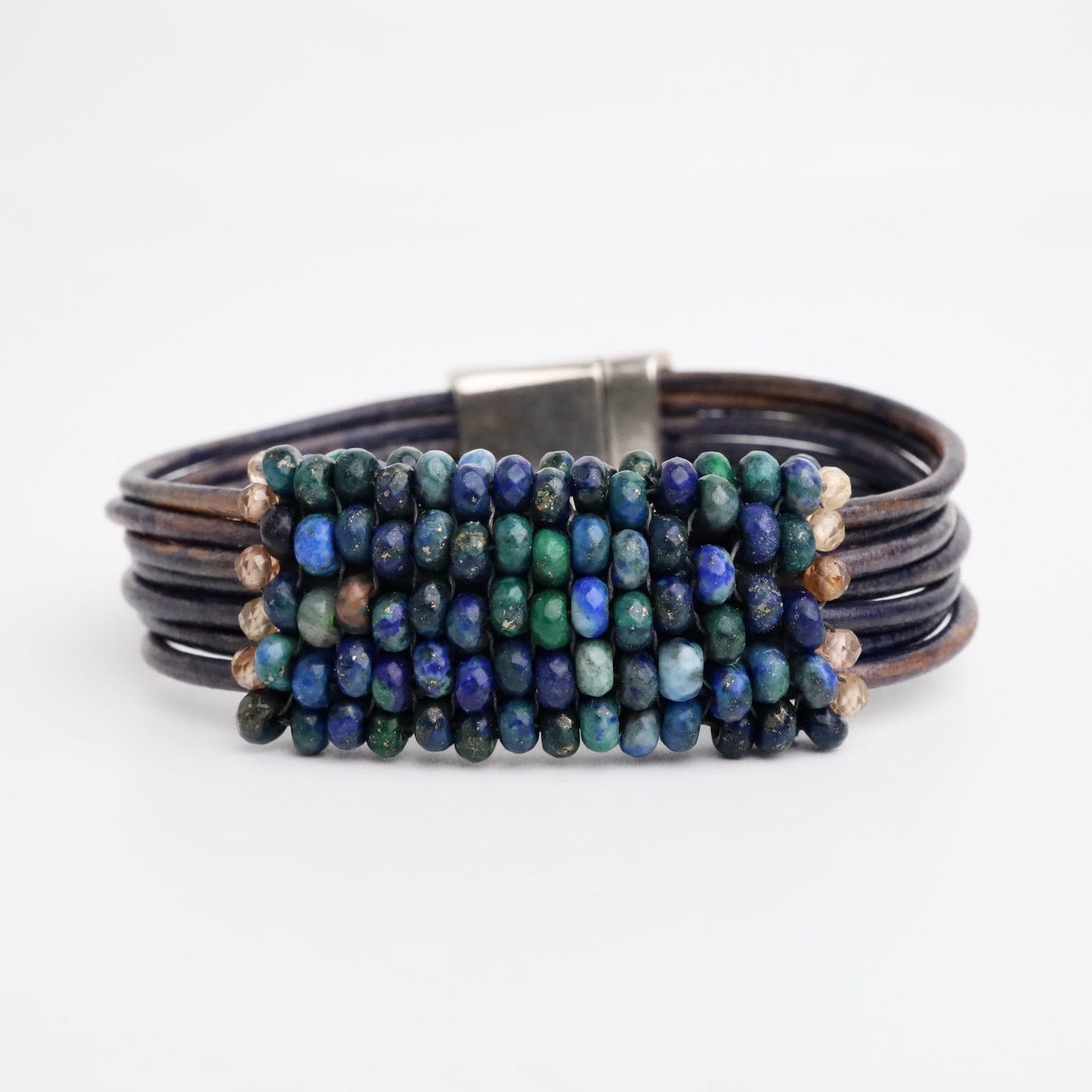 BRC-JM Hand Stitched Azurite with Zircon Trim on Vintage Leather Bracelet