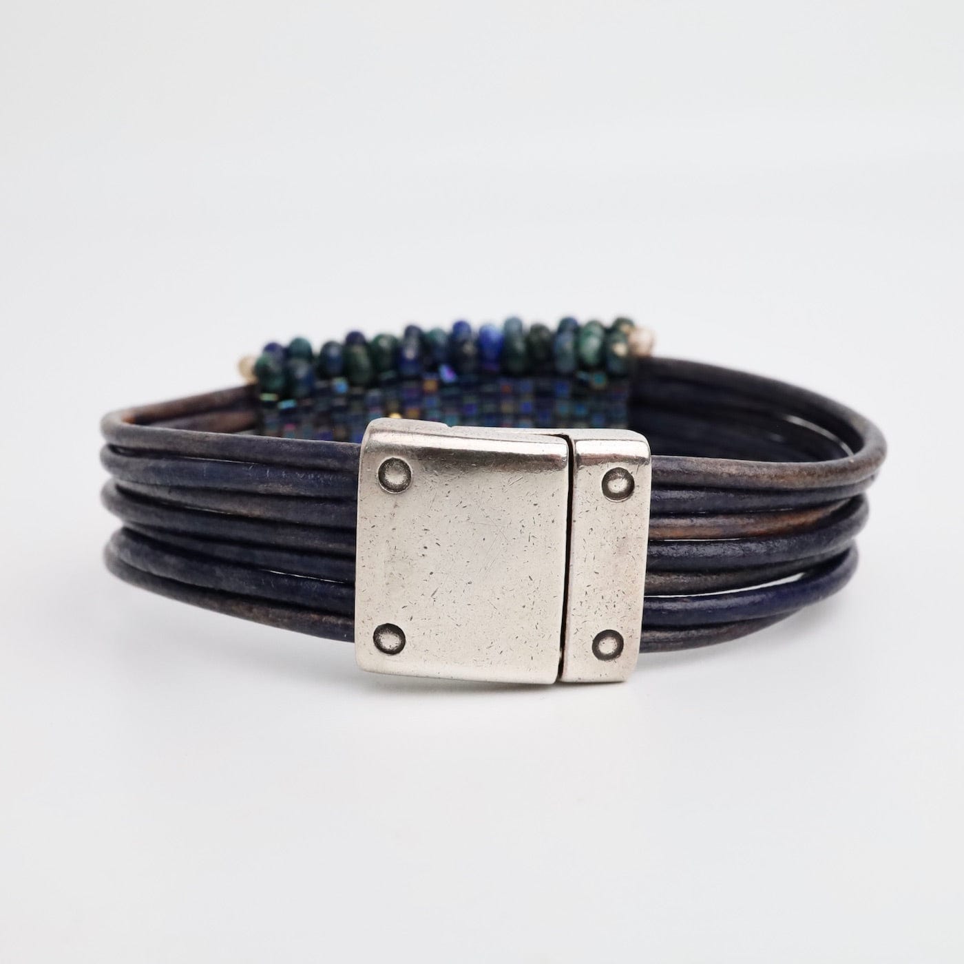 BRC-JM Hand Stitched Azurite with Zircon Trim on Vintage Leather Bracelet