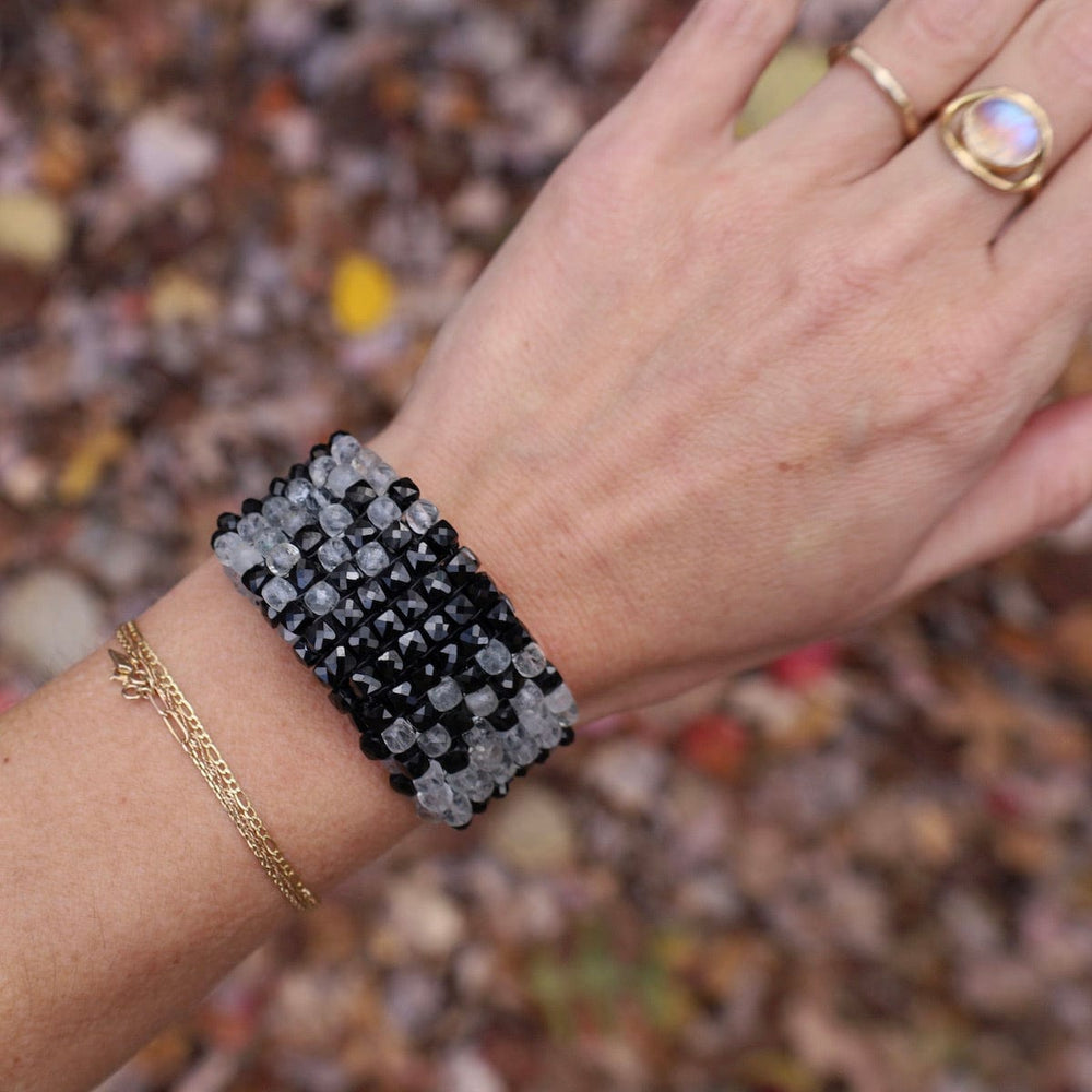 
                      
                        BRC-JM Hand Stitched Black Spinel & Clear Quartz Bracelet
                      
                    