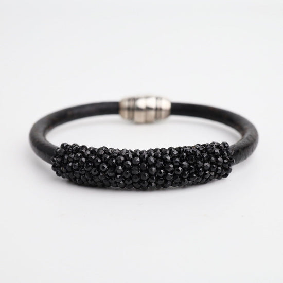 BRC-JM Hand Stitched Black Spinel & Leather Bracelet