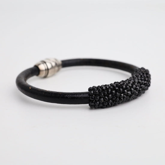 BRC-JM Hand Stitched Black Spinel & Leather Bracelet