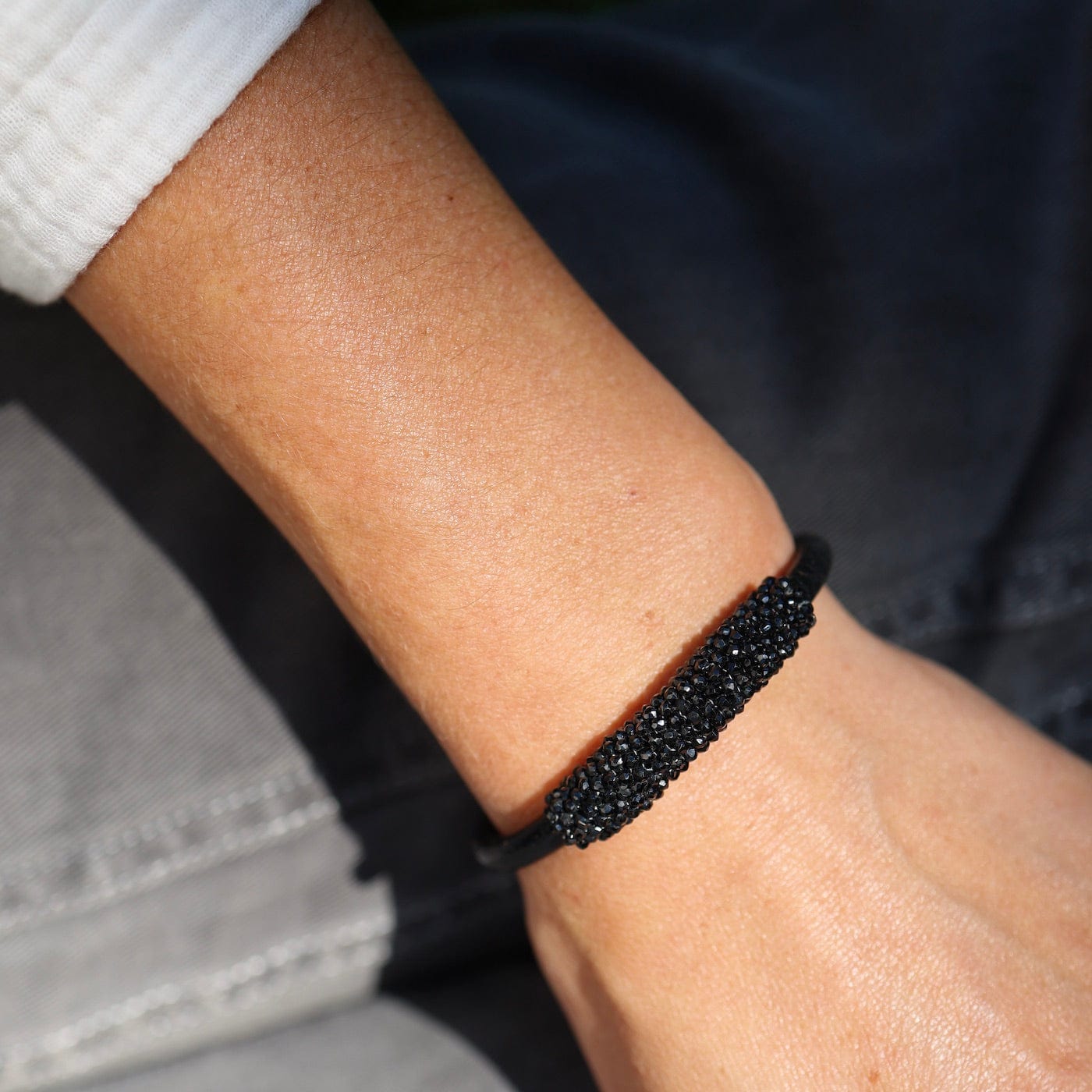 BRC-JM Hand Stitched Black Spinel & Leather Bracelet