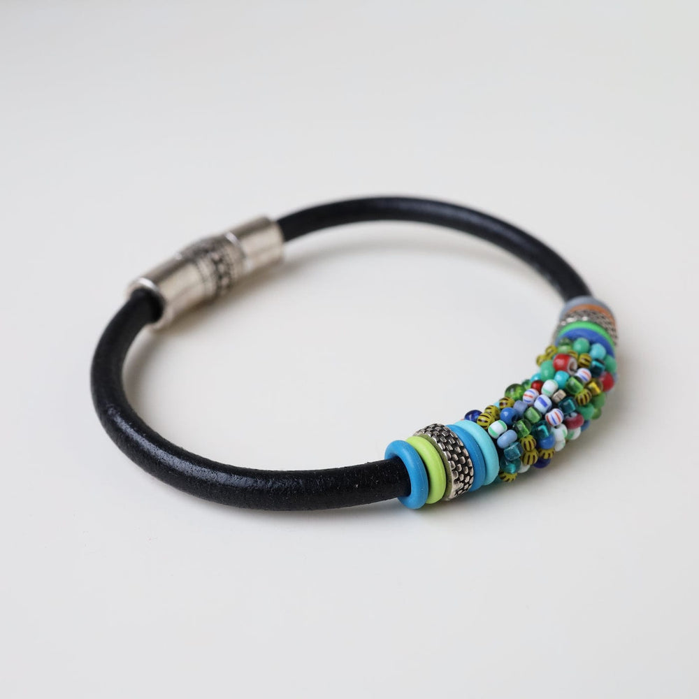
                  
                    BRC-JM Hand Stitched Blue Green Mix Vintage Seed Beads Black Leather Bracelet
                  
                