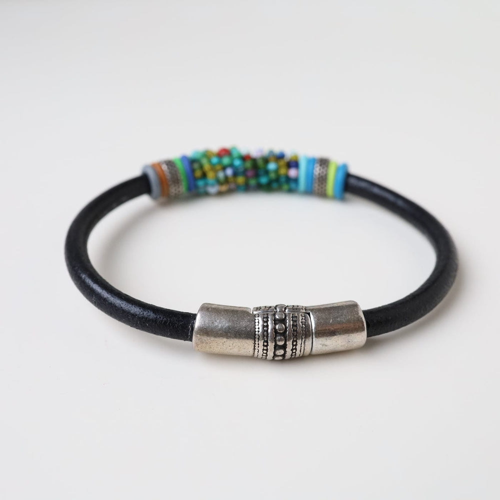 
                  
                    BRC-JM Hand Stitched Blue Green Mix Vintage Seed Beads Black Leather Bracelet
                  
                