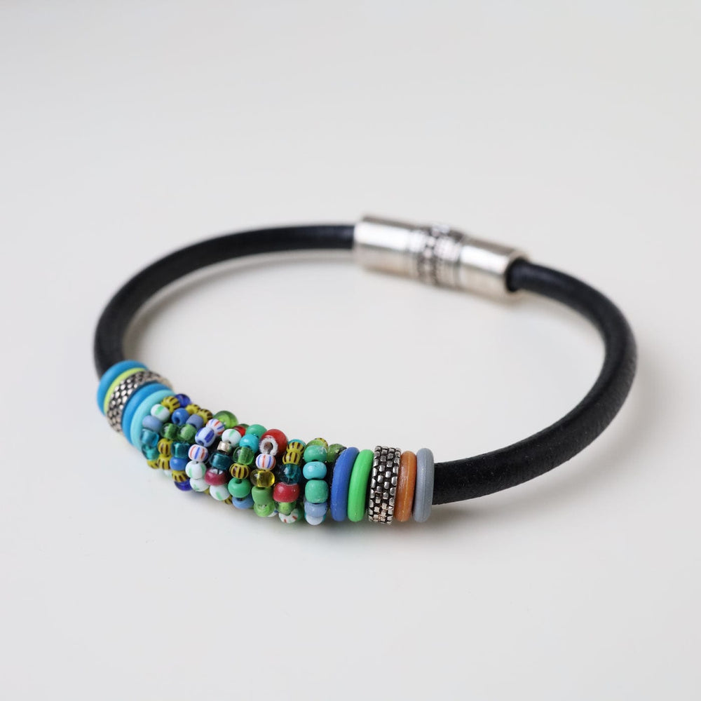 
                  
                    BRC-JM Hand Stitched Blue Green Mix Vintage Seed Beads Black Leather Bracelet
                  
                