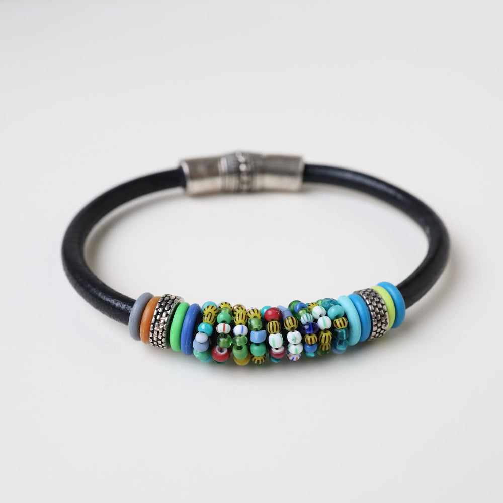 
                  
                    BRC-JM Hand Stitched Blue Green Mix Vintage Seed Beads Black Leather Bracelet
                  
                