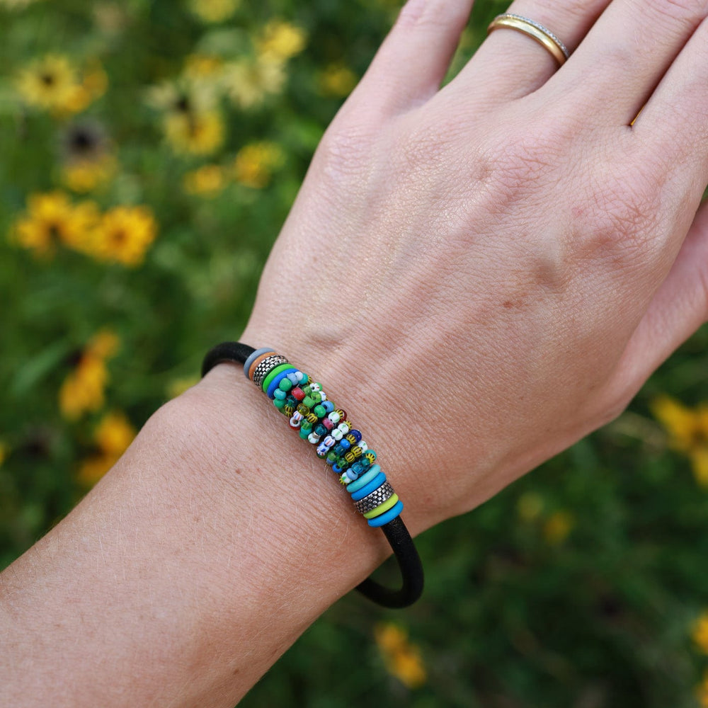 
                  
                    BRC-JM Hand Stitched Blue Green Mix Vintage Seed Beads Black Leather Bracelet
                  
                