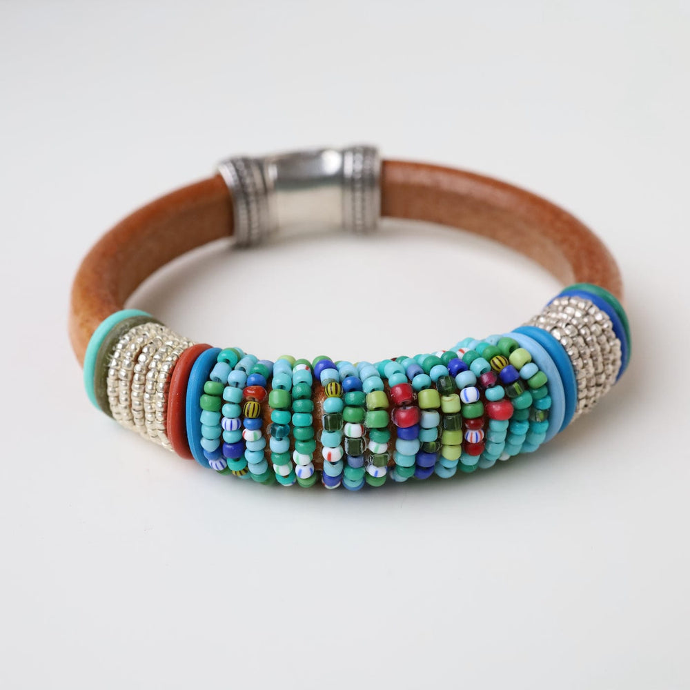 BRC-JM Hand Stitched Blue Green Mix Vintage Seed Beads Bracelet