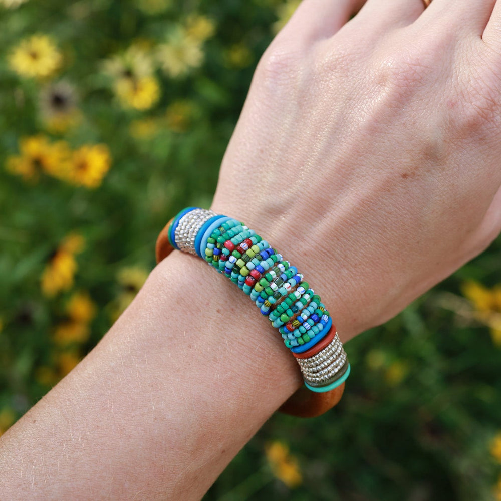 BRC-JM Hand Stitched Blue Green Mix Vintage Seed Beads Bracelet