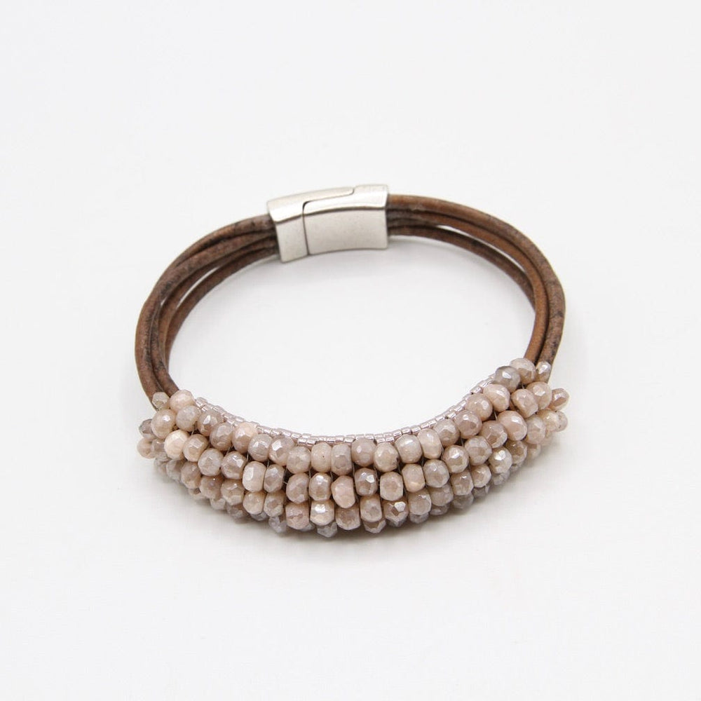 BRC-JM Hand Stitched Blush Moonstone Leather Cuff Bracelet