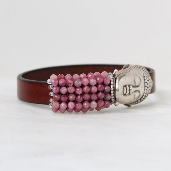 BRC-JM Hand Stitched Cabbage Rose Pink Tourmaline & Buddha Bracelet