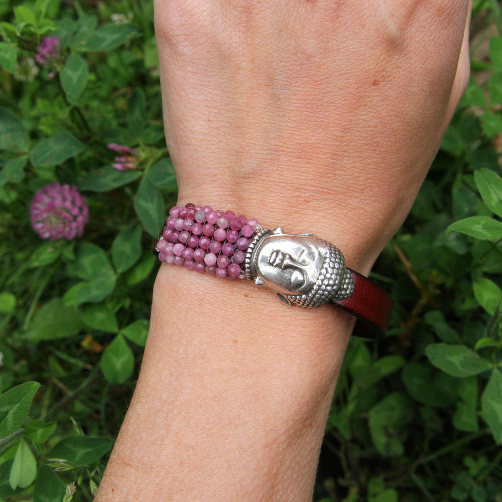 BRC-JM Hand Stitched Cabbage Rose Pink Tourmaline & Buddha Bracelet