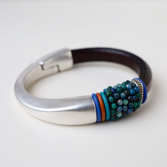 Load image into Gallery viewer, BRC-JM Hand Stitched Chrysocolla with Colored &amp;quot;O&amp;quot; Rings Bracelet
