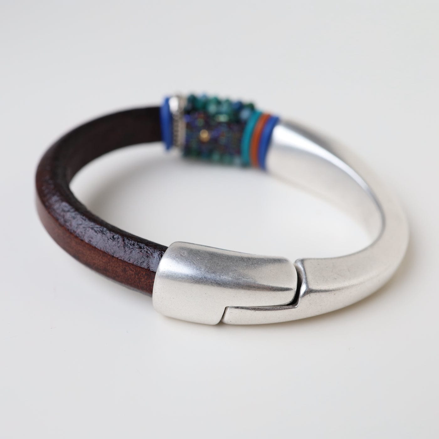 Load image into Gallery viewer, BRC-JM Hand Stitched Chrysocolla with Colored &amp;quot;O&amp;quot; Rings Bracelet
