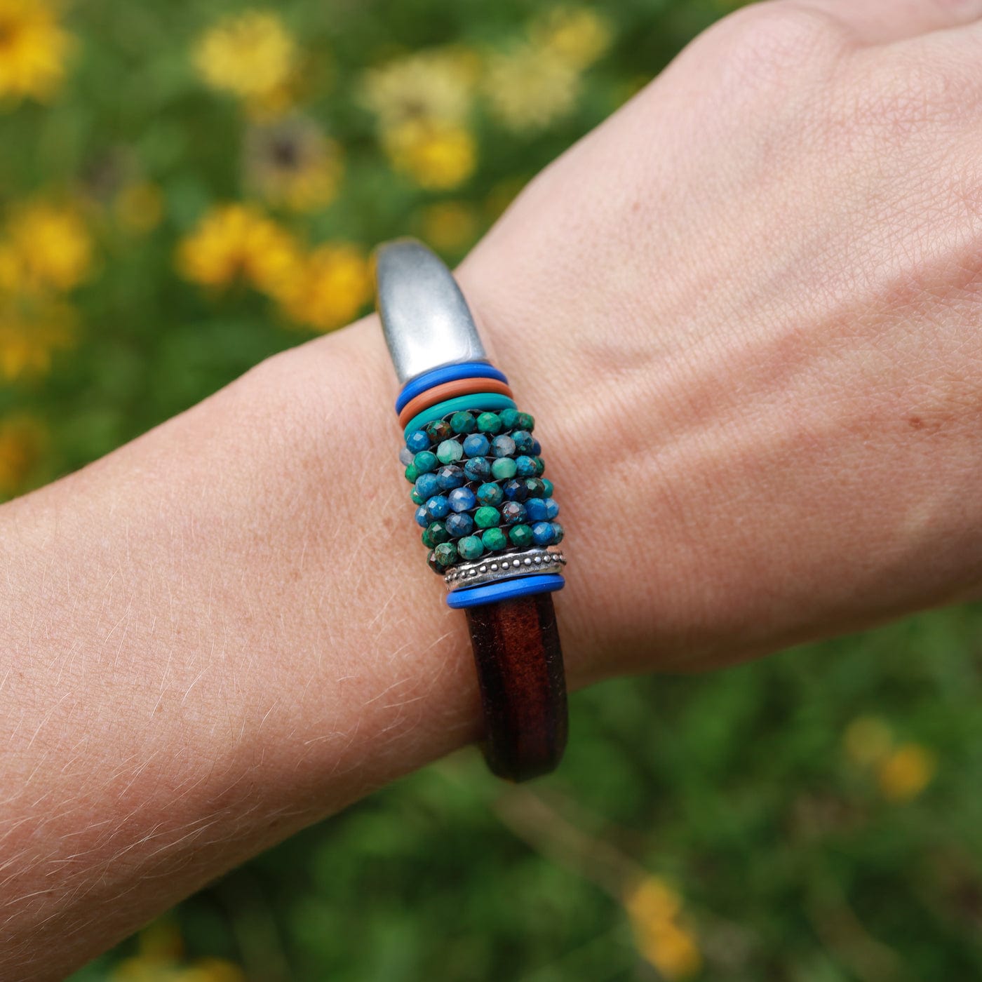 BRC-JM Hand Stitched Chrysocolla with Colored "O" Rings Bracelet