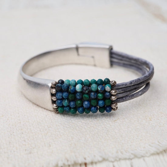 BRC-JM Hand Stitched Chrysocolla with Hill Tribe Silver Trim Leather Bracelet