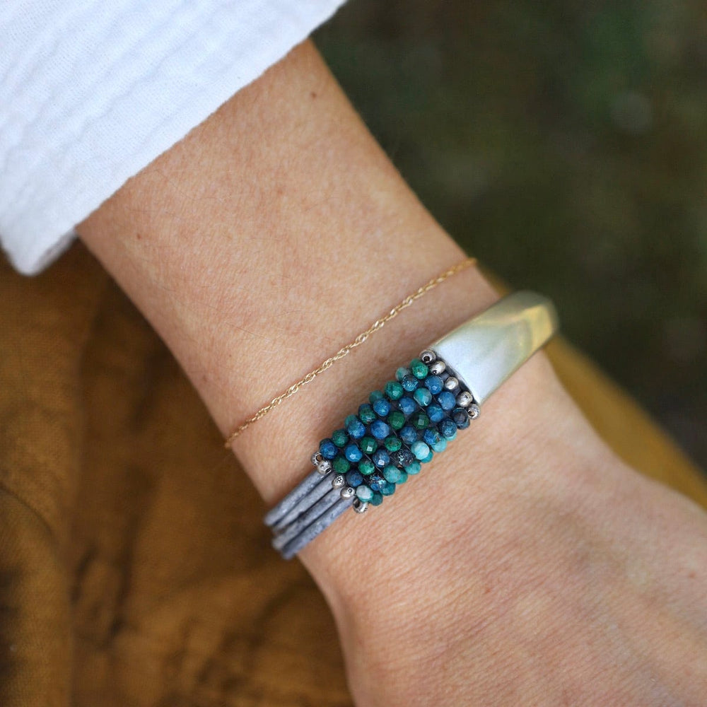 BRC-JM Hand Stitched Chrysocolla with Hill Tribe Silver Trim Leather Bracelet