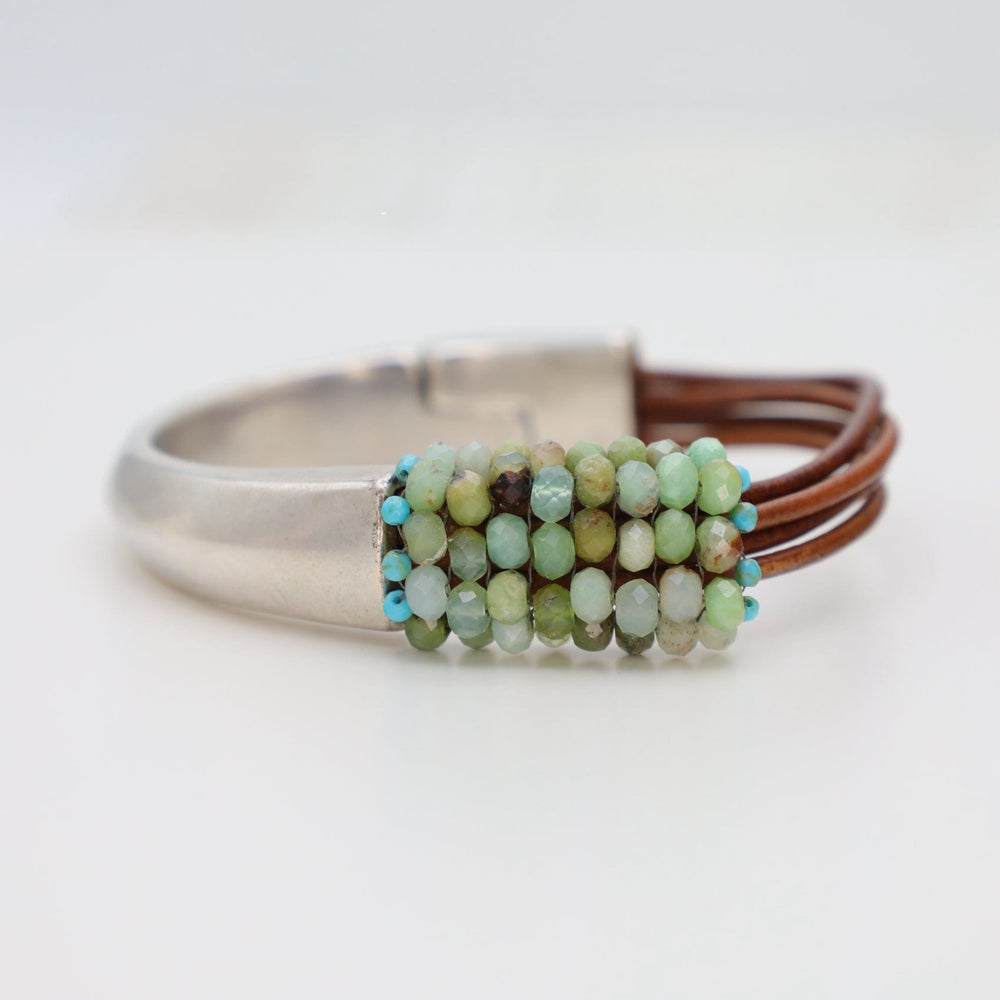 BRC-JM Hand Stitched Chrysoprase with Tiny Green Turquoise Half Cuff Bracelet