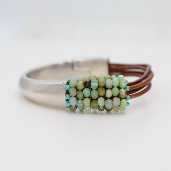 BRC-JM Hand Stitched Chrysoprase with Tiny Green Turquoise Half Cuff Bracelet