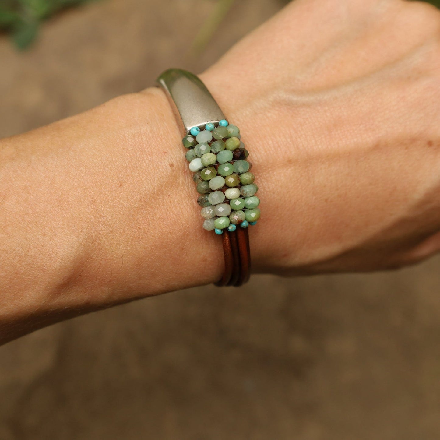 BRC-JM Hand Stitched Chrysoprase with Tiny Green Turquoise Half Cuff Bracelet