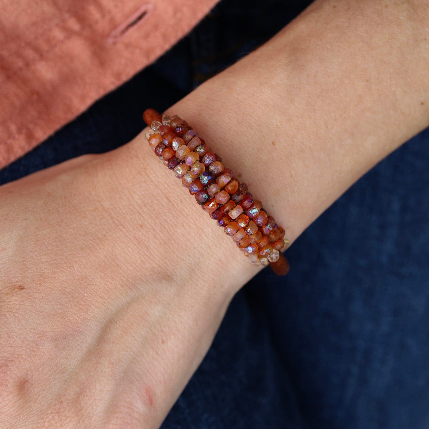 BRC-JM Hand Stitched Coated Citrine with Citrine Trim Leather Bracelet