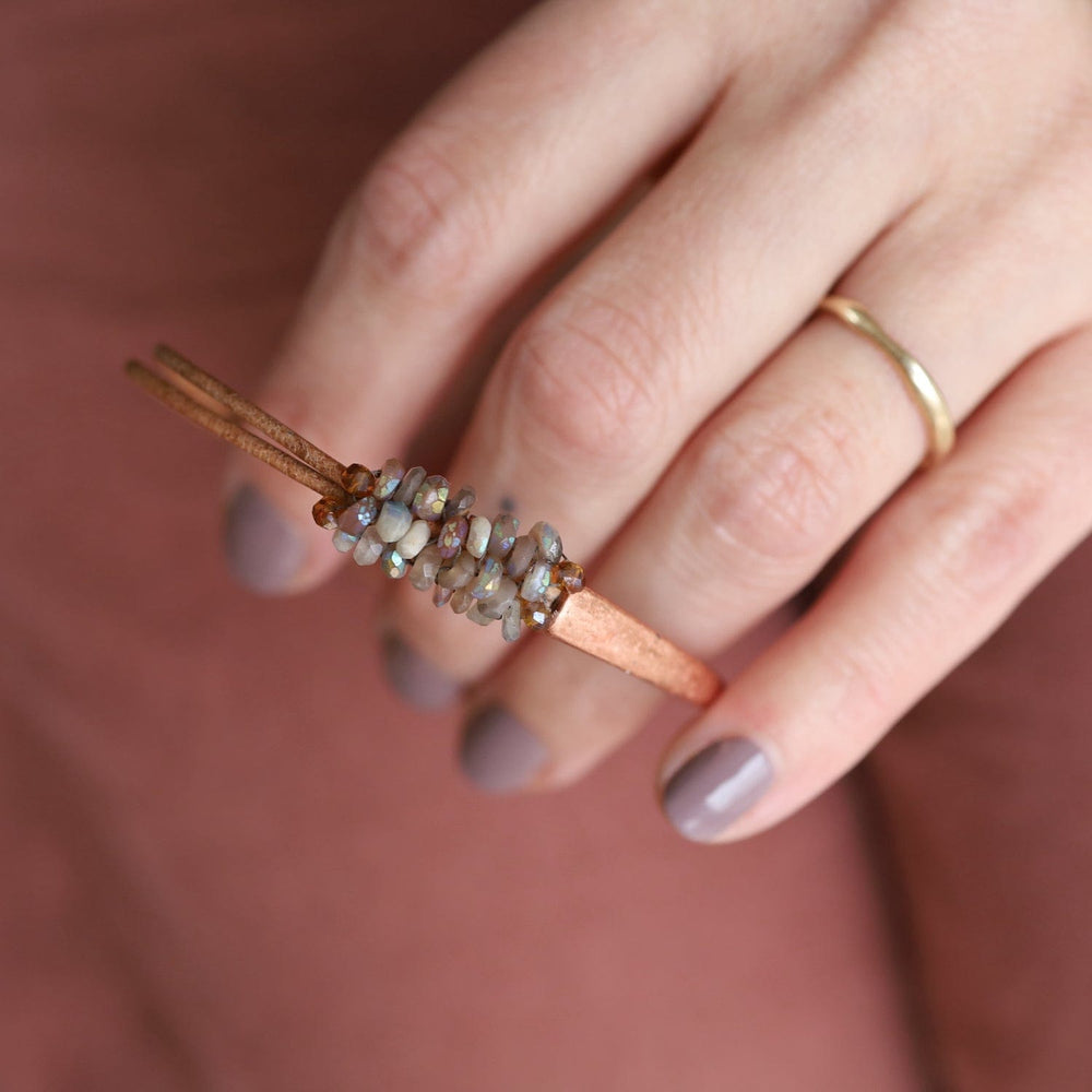 
                  
                    BRC-JM Hand Stitched Coated Citrine with Citrine Trim on Tan Leather & Copper 1/2 Cuff
                  
                