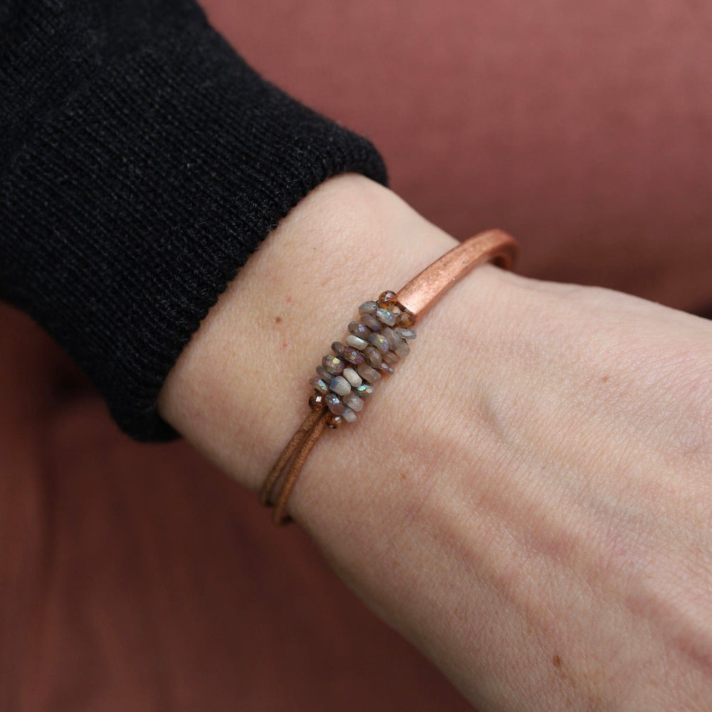 BRC-JM Hand Stitched Coated Citrine with Citrine Trim on Tan Leather & Copper 1/2 Cuff