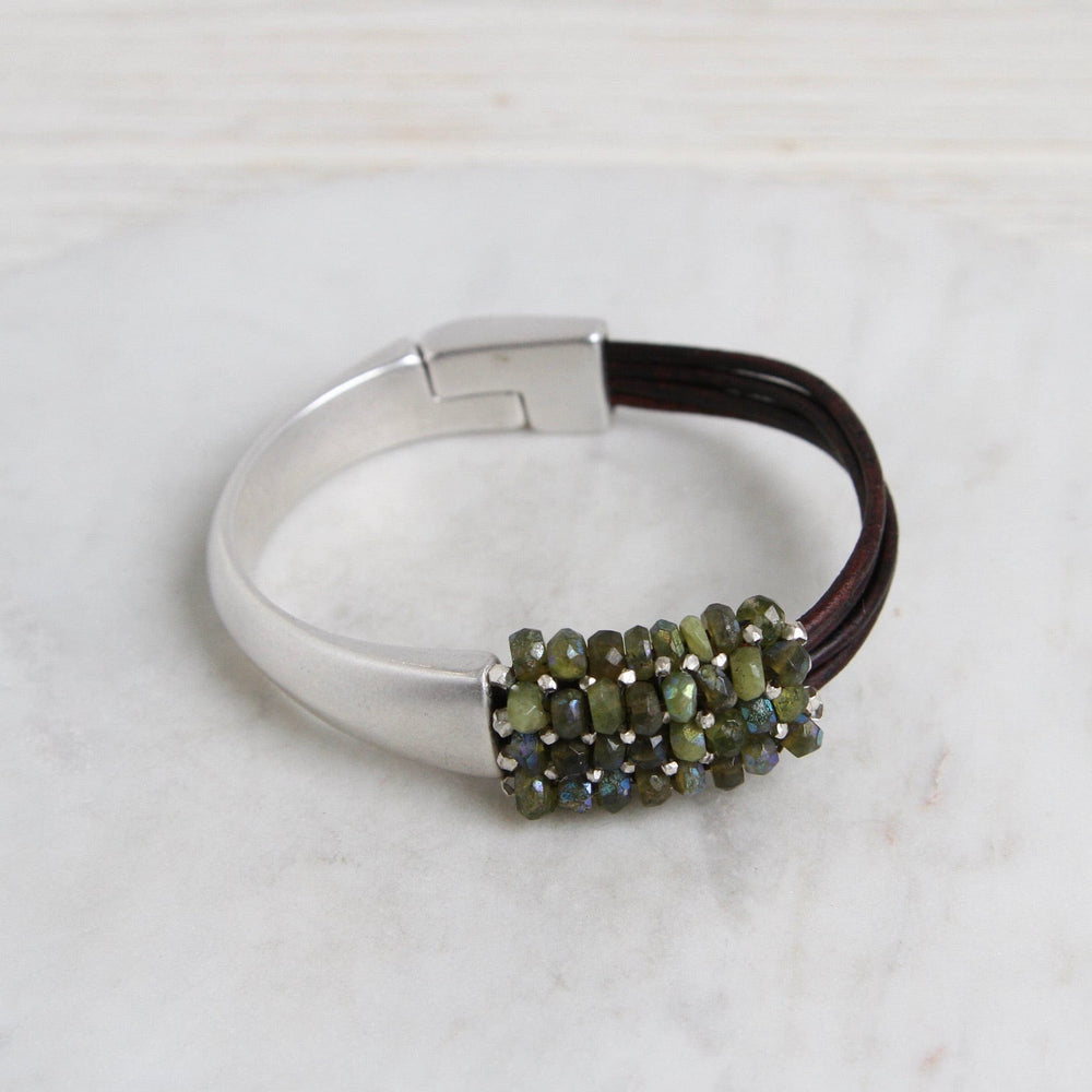 
                  
                    BRC-JM Hand Stitched Coated Green Garnet & Sterling Silver 1/2 Cuff Bracelet
                  
                