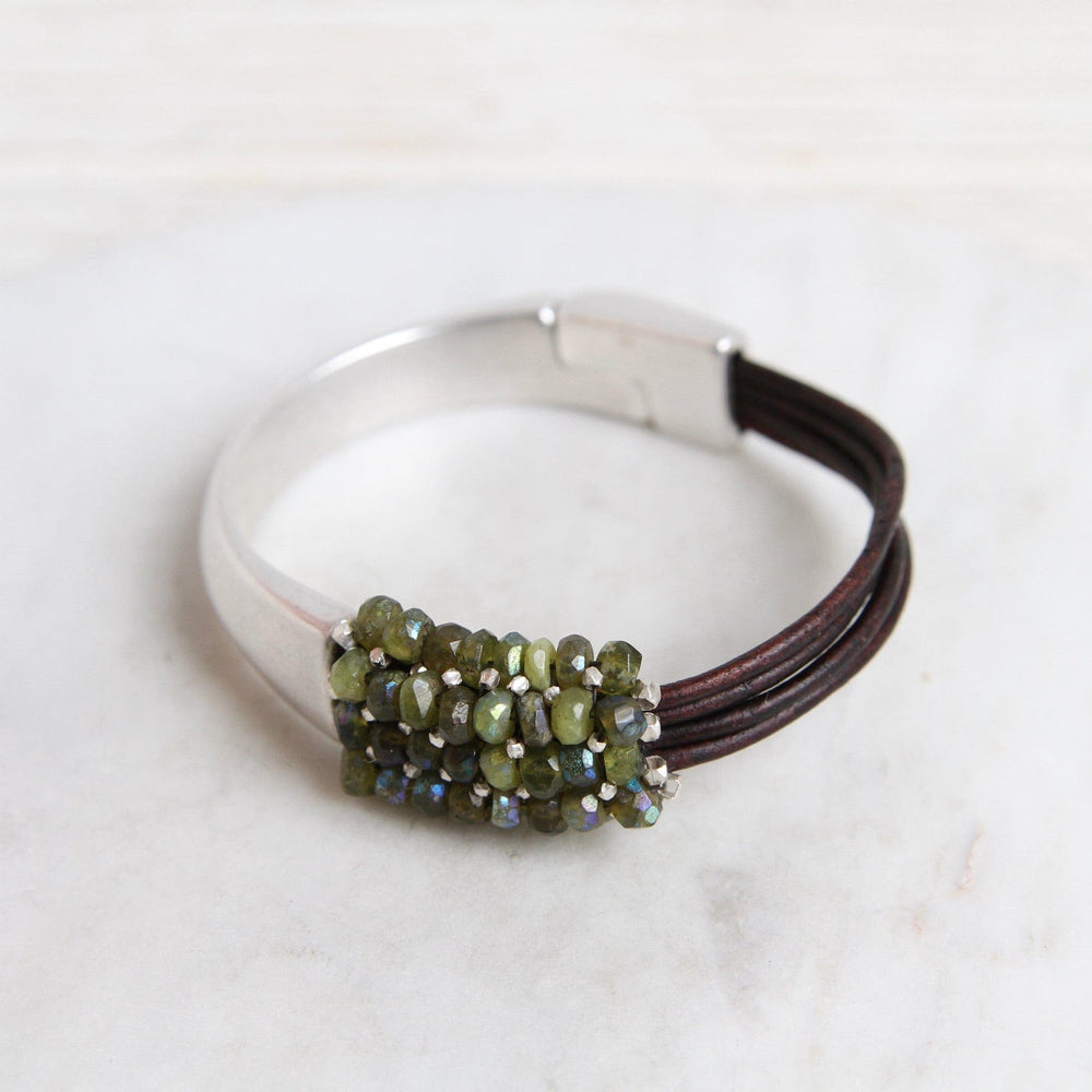 
                  
                    BRC-JM Hand Stitched Coated Green Garnet & Sterling Silver 1/2 Cuff Bracelet
                  
                