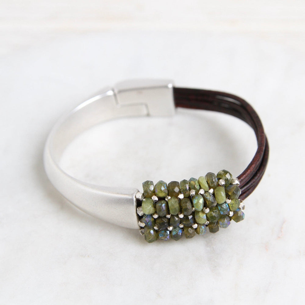 BRC-JM Hand Stitched Coated Green Garnet & Sterling Silver 1/2 Cuff Bracelet