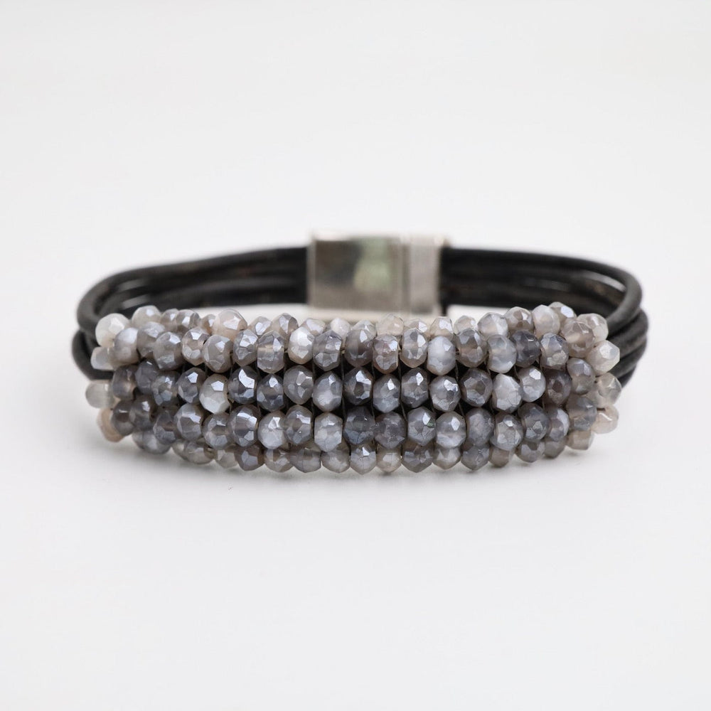 BRC-JM Hand Stitched Coated Grey Moonstone Leather Bracelet